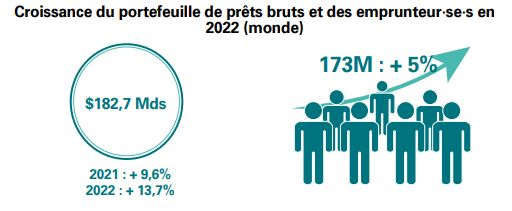 Graphique représentant la croissance du portefeuille de prêts bruts et des emprunteur·se·s en 2022 (monde) 