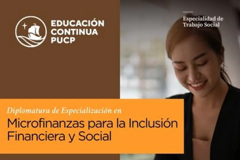 Joven mujer mirando hacia abajo, título del evento, logo de la institución organizadora.