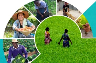 Images of different farmers around the world with their crops.